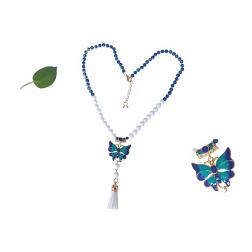 Handmade Blue Beaded 24k Golden Plated Enamel Butterfly Pendant Necklace